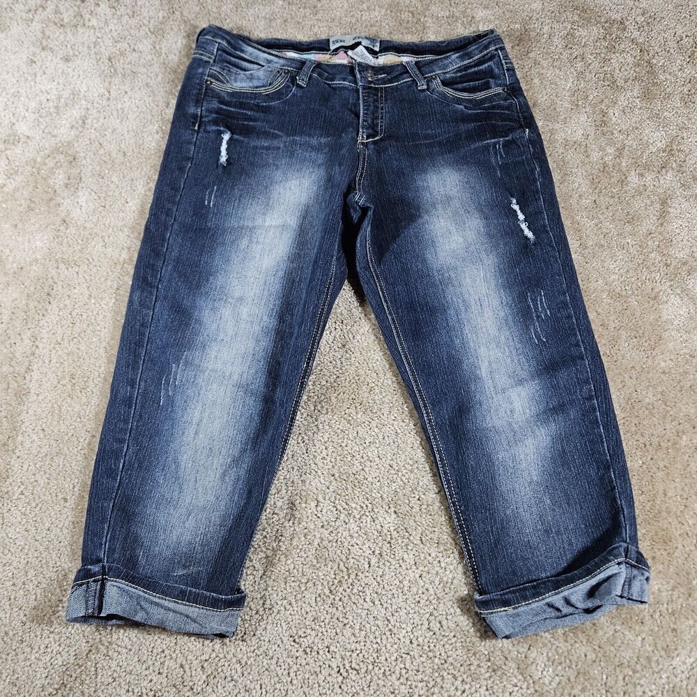 BLUE EPIC CAPRI, CROPPED WOMENS JEANS sz10 DARK BLUE DISTRESSED